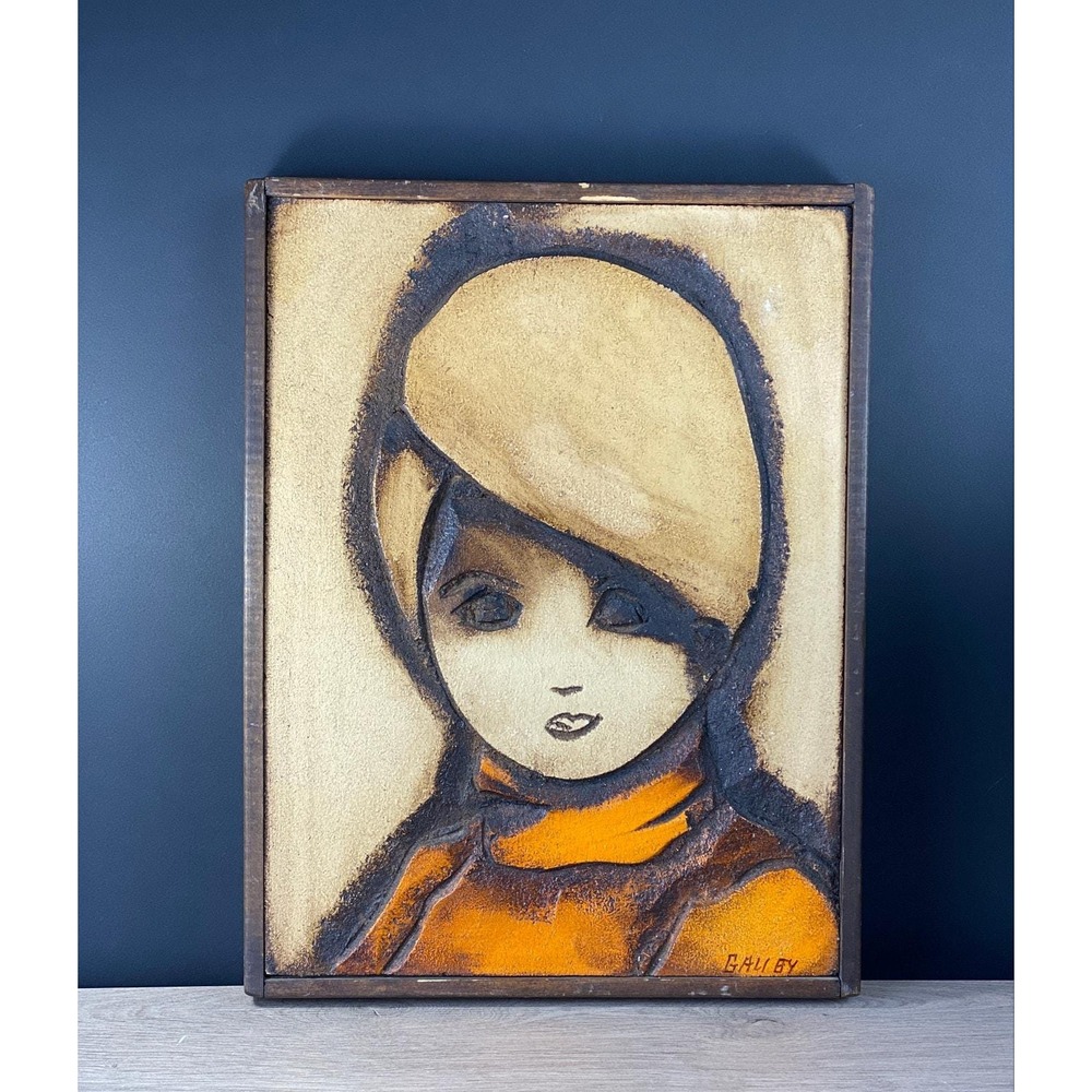 Mid Century Child Portrait Wall Art Vintage Gaugy Carved Relief Painting